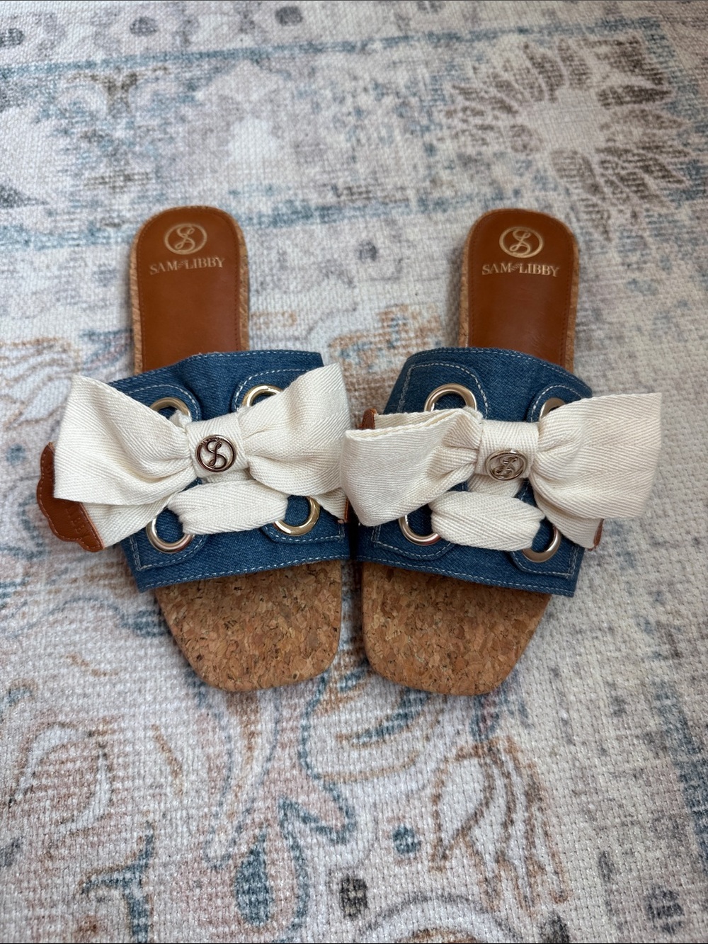 Sam & Libby Denim Bow Cork Slide Sandals - Blue & Cream